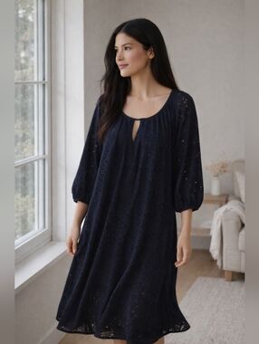 Flowy Navy Blue Eyelet Midi Dress 16W Comfy Minimalist Chic